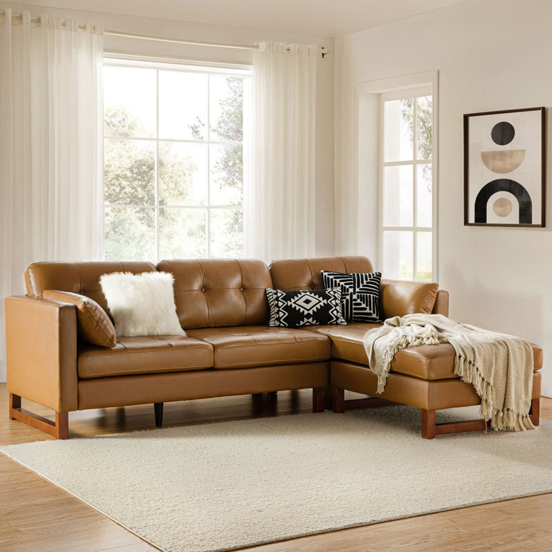 Neven 3 Piece 100.5 Mid Century Modern Genuine Leather Modular Sectional Sofa with Pillow Trent Austin Design Body Fabric Light Brown Genuine